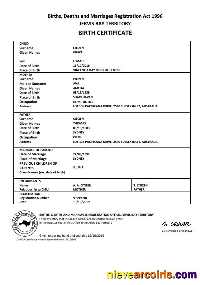Australia Jervis Bay territory birth certificate